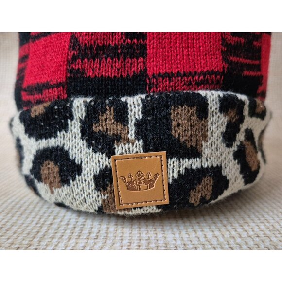 Panache Ladies Beanie One Size Animal Print Faux Fur Pom Red Buffalo Plaid Knit - Picture 5 of 9